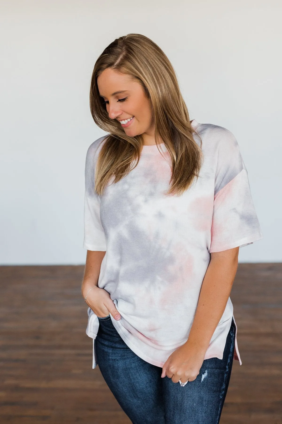 Love Awaits Muted Tie Dye Top- Coral & Grey