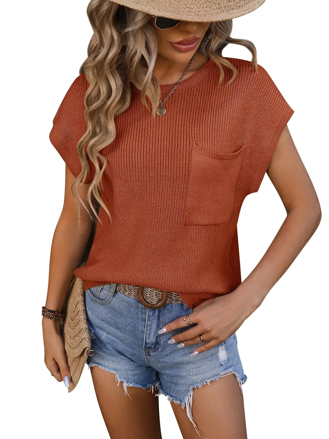 Lovesoft Crewneck Pocket Trim Top Short-Sleeved Sweater