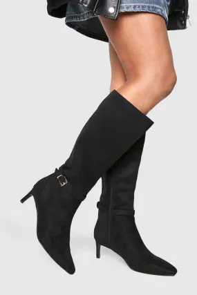 Low Heel Buckle Detail Pointed Knee High Boots