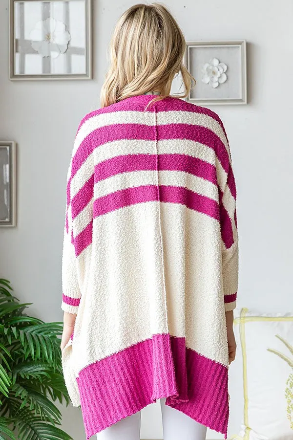 Magenta Textured Knit Striped Oversized Cardigan