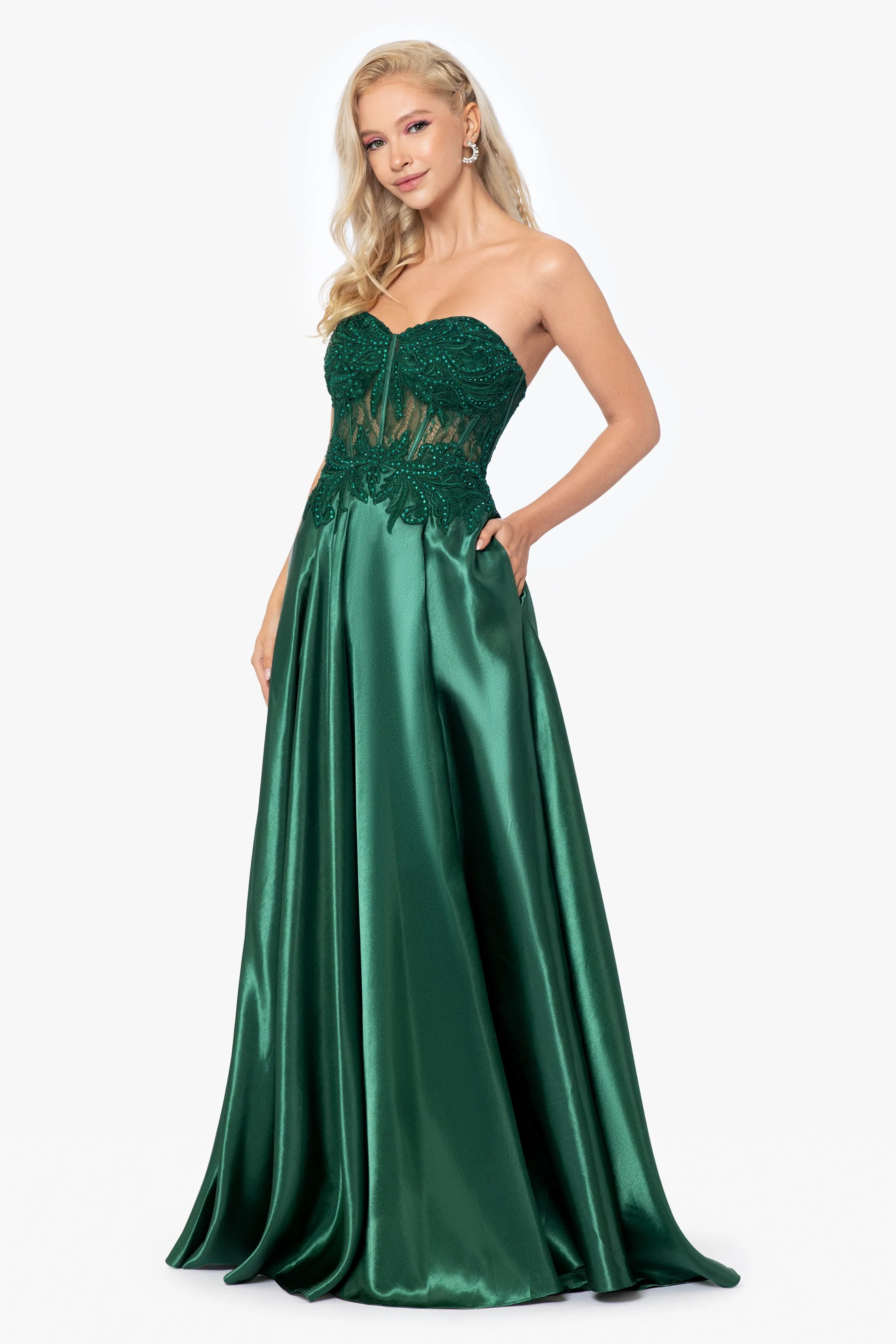 Melissa Charmeuse Illusion Bodice Applique Gown