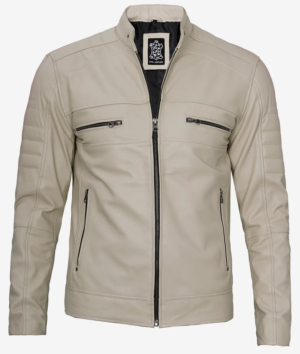 Mens Beige Cafe Racer Leather Jacket