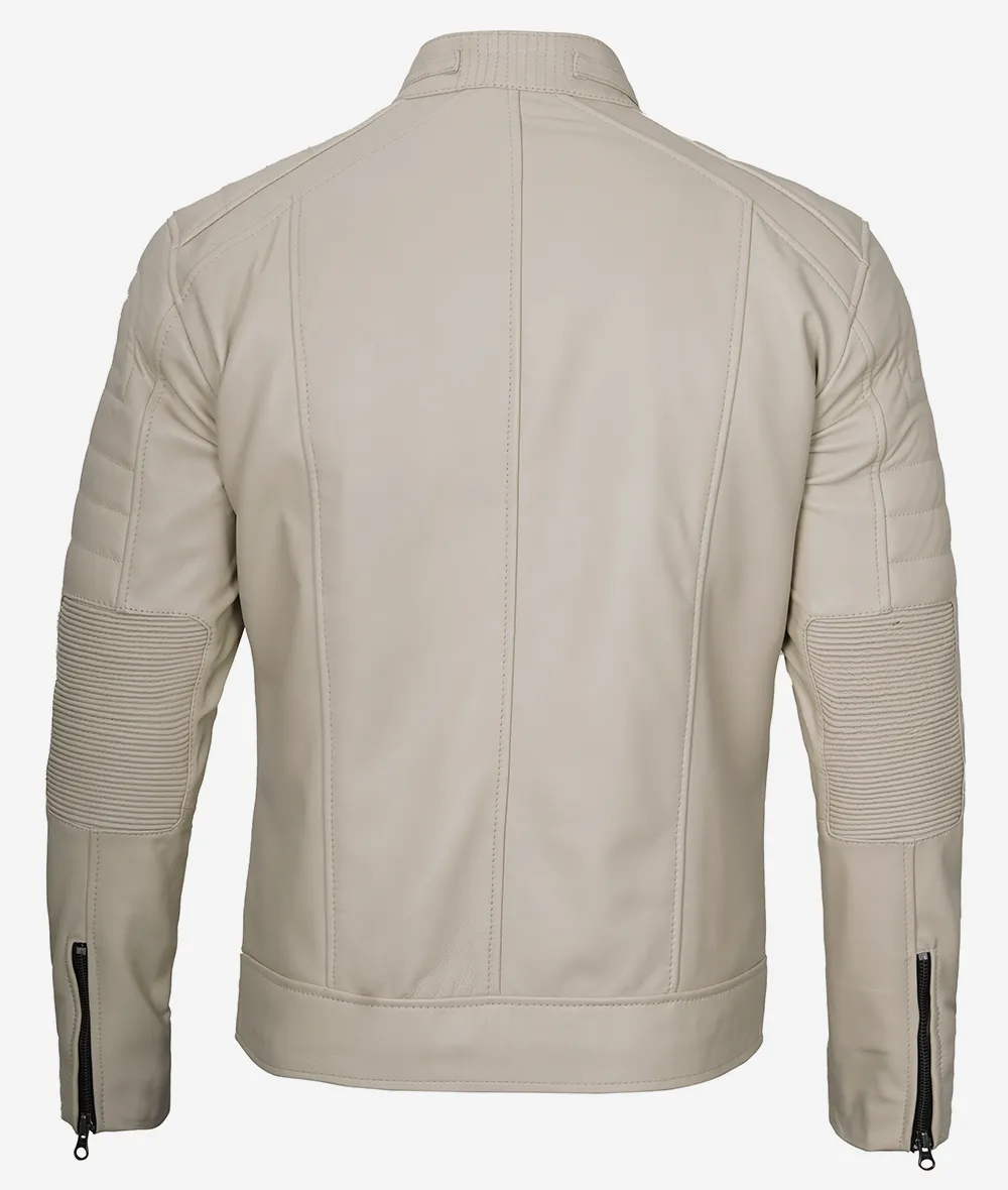 Mens Beige Cafe Racer Leather Jacket