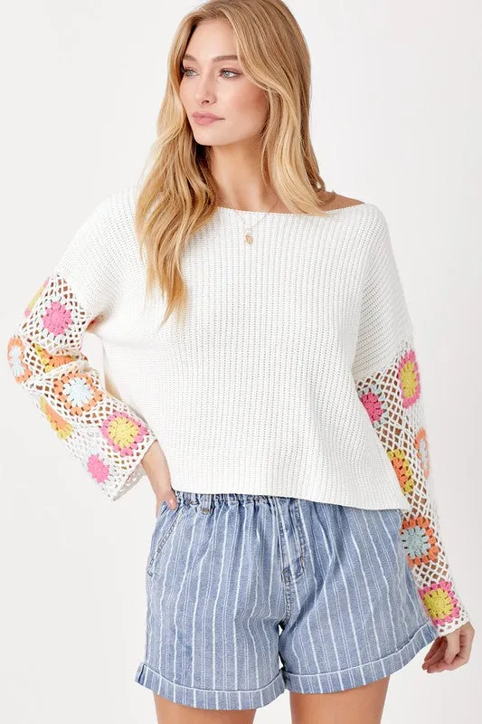 Missy Crochet Sleeve Light Weight Sweater - Multi Patchwork