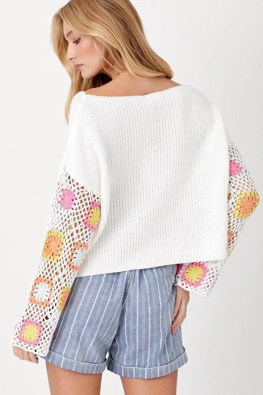 Missy Crochet Sleeve Light Weight Sweater - Multi Patchwork