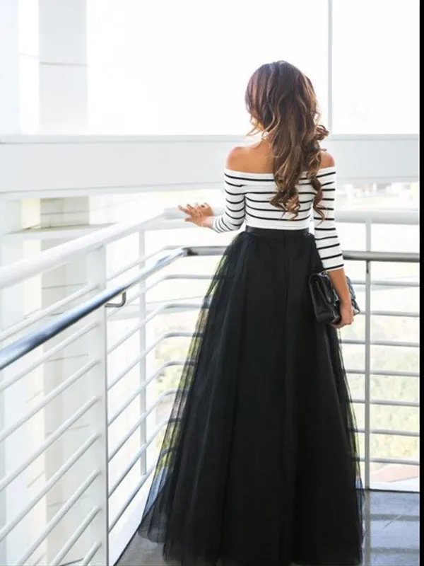 Momnfancy Striped Print Off Shoulder Grenadin Tulle Tutu Maternity Maxi Dress