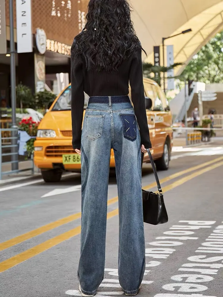 Niche design high-waisted straight-leg jeans for women with wide-leg curves and slimming 2023 autumn new contrasting color floor