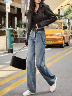 Niche design high-waisted straight-leg jeans for women with wide-leg curves and slimming 2023 autumn new contrasting color floor