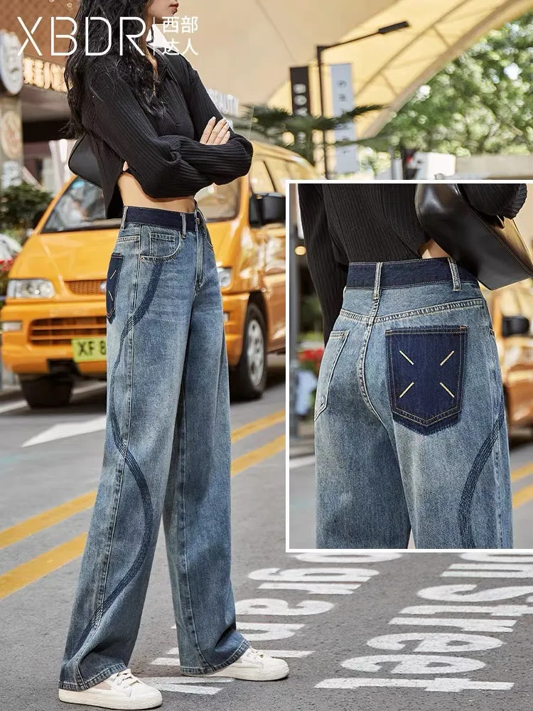 Niche design high-waisted straight-leg jeans for women with wide-leg curves and slimming 2023 autumn new contrasting color floor