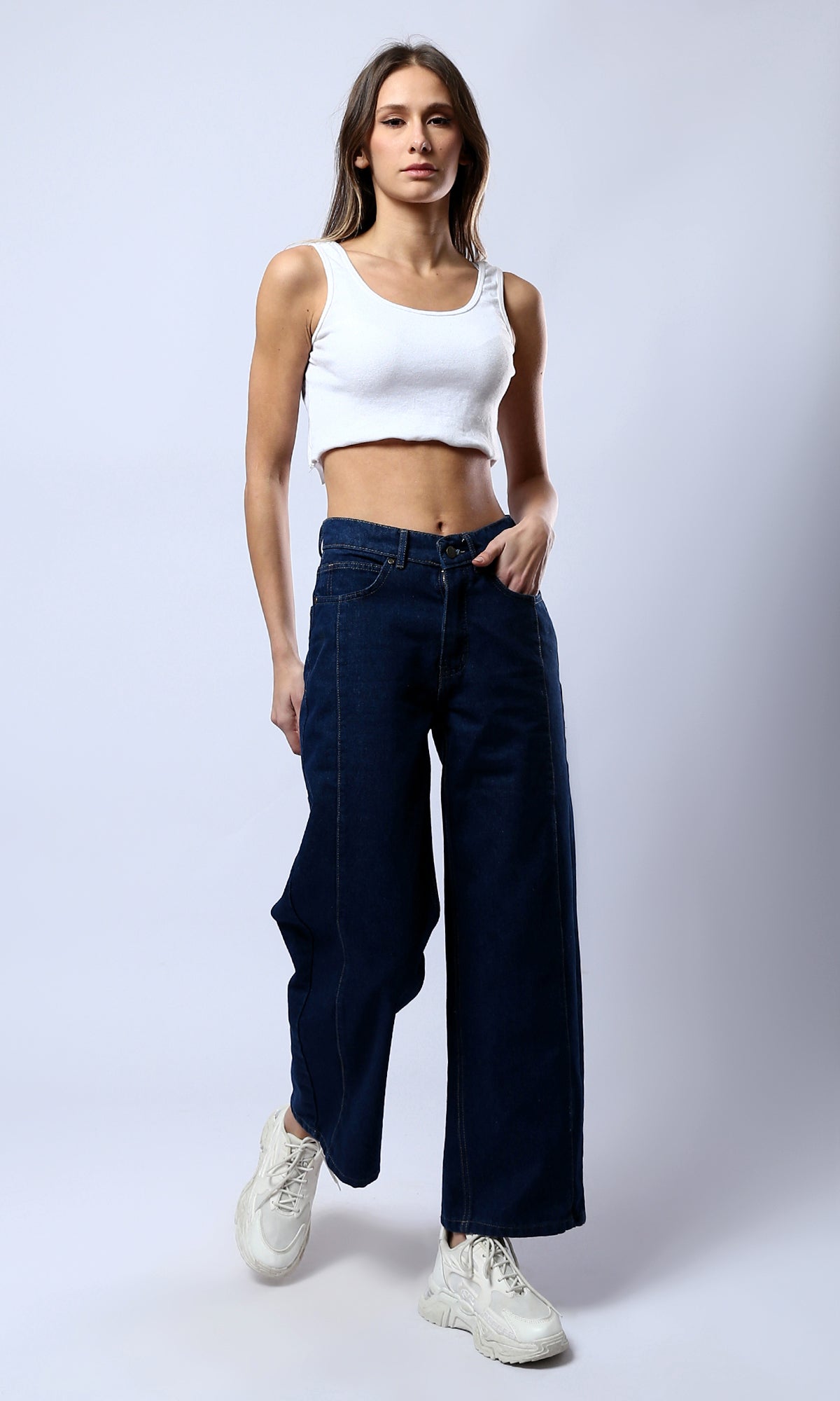 O177958 Solid Wide Leg Casual Jeans - Navy Blue