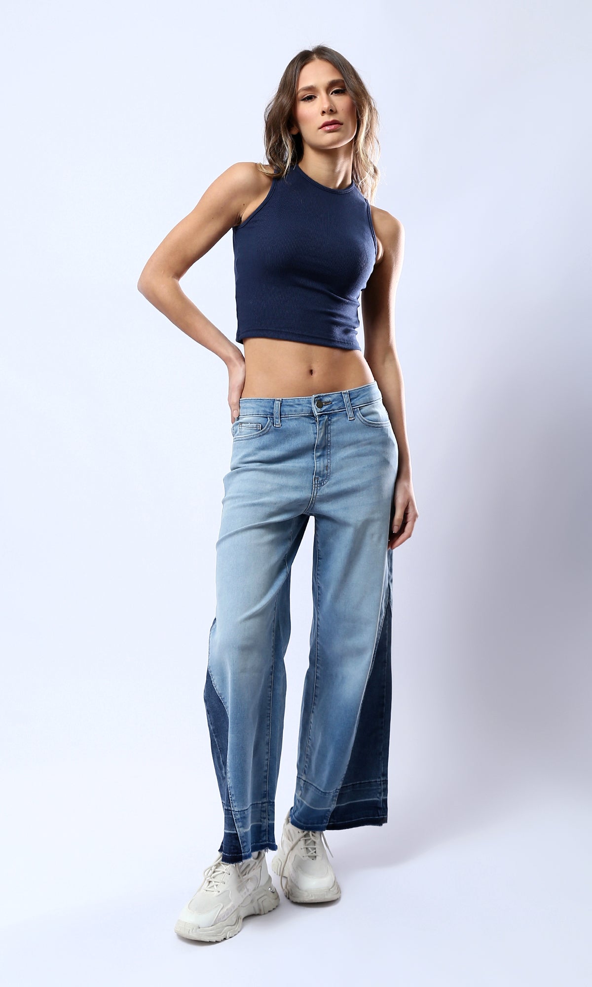 O182219 Blue Shades Wide Leg Solid Jeans