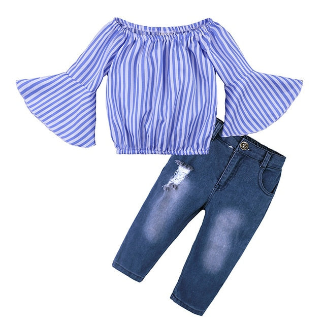 Off Shoulder Blue Striped Tops+Denim