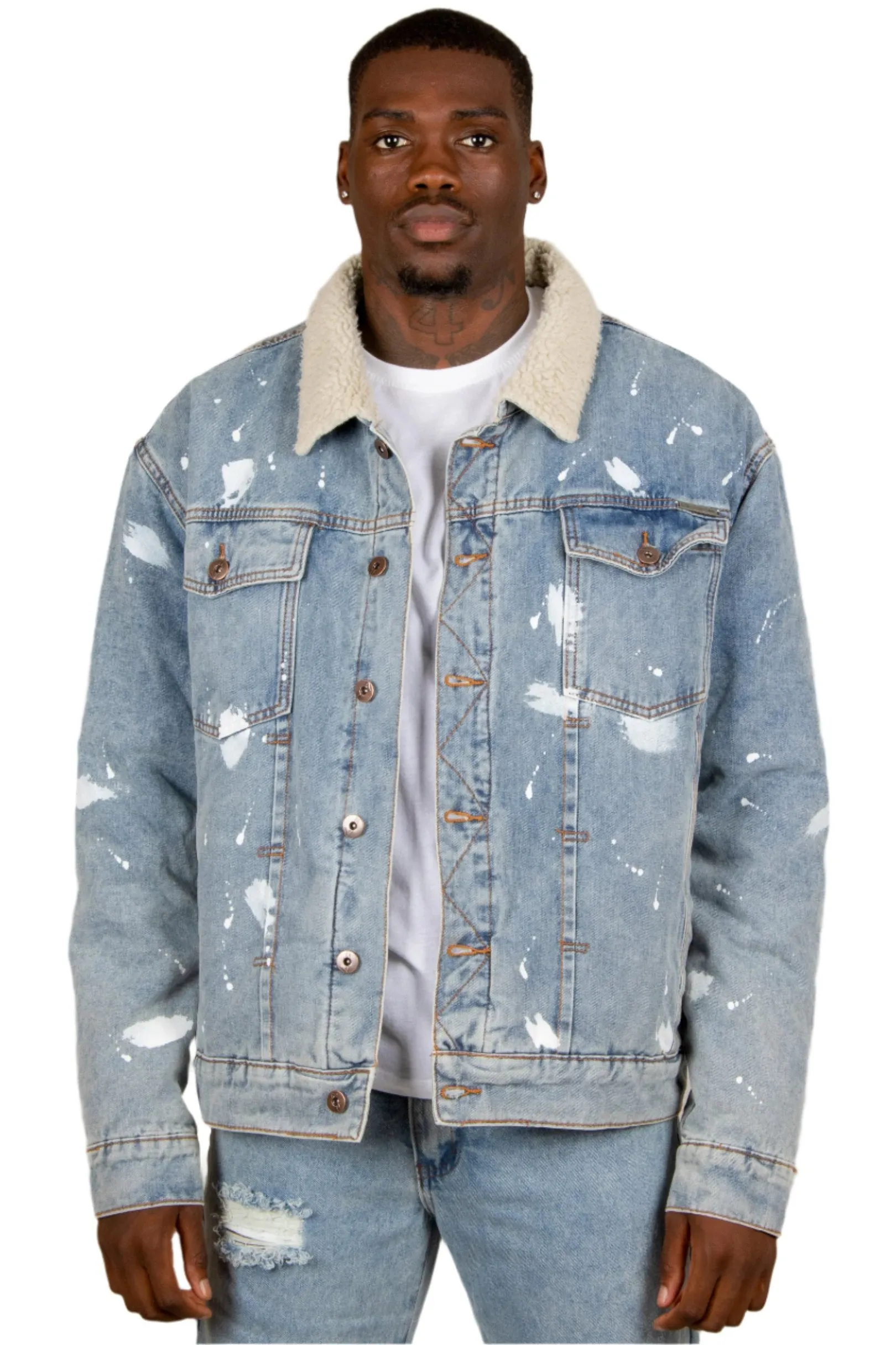 Oversized Borg Denim Jacket with Paint Splatter