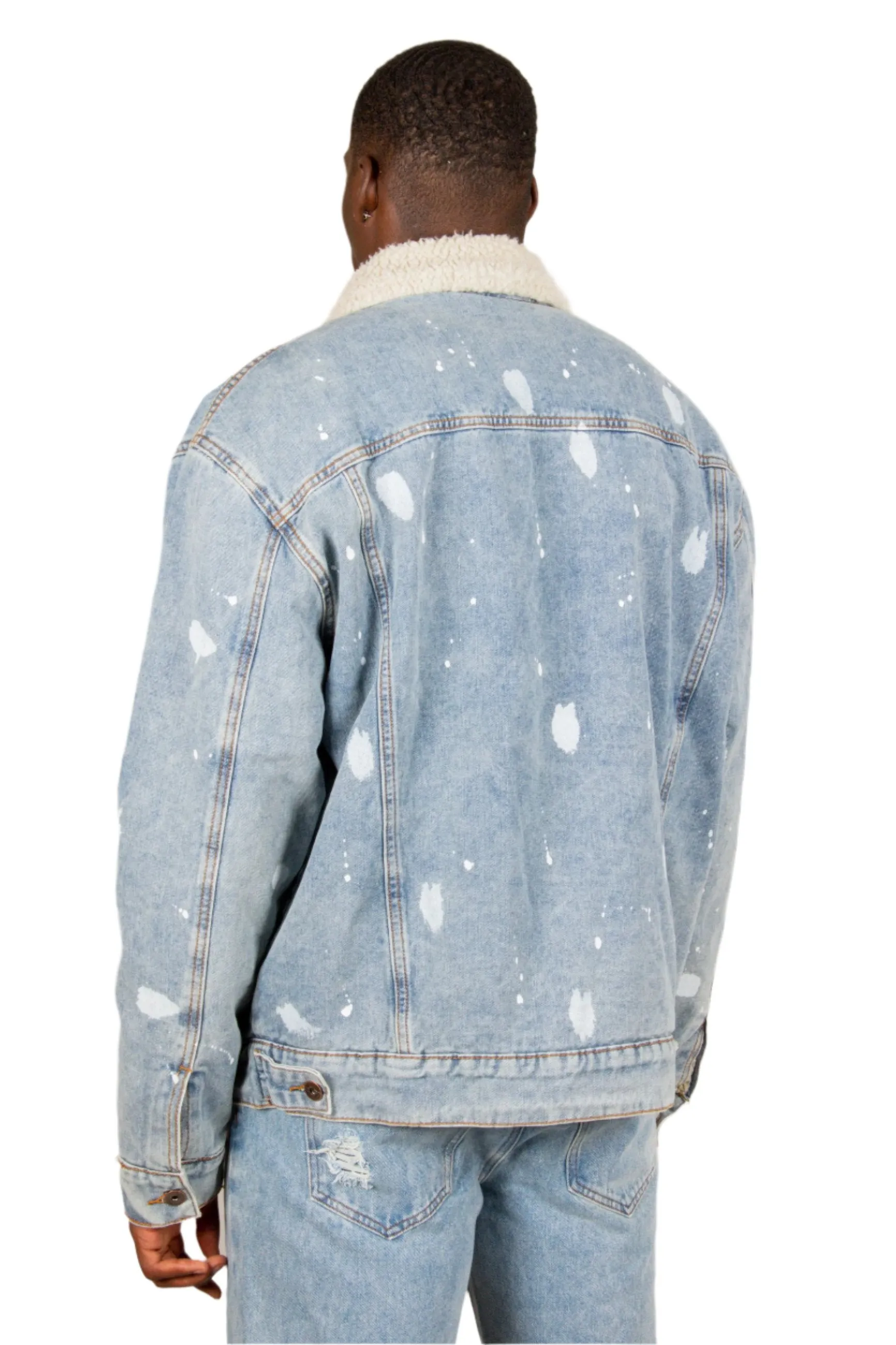 Oversized Borg Denim Jacket with Paint Splatter