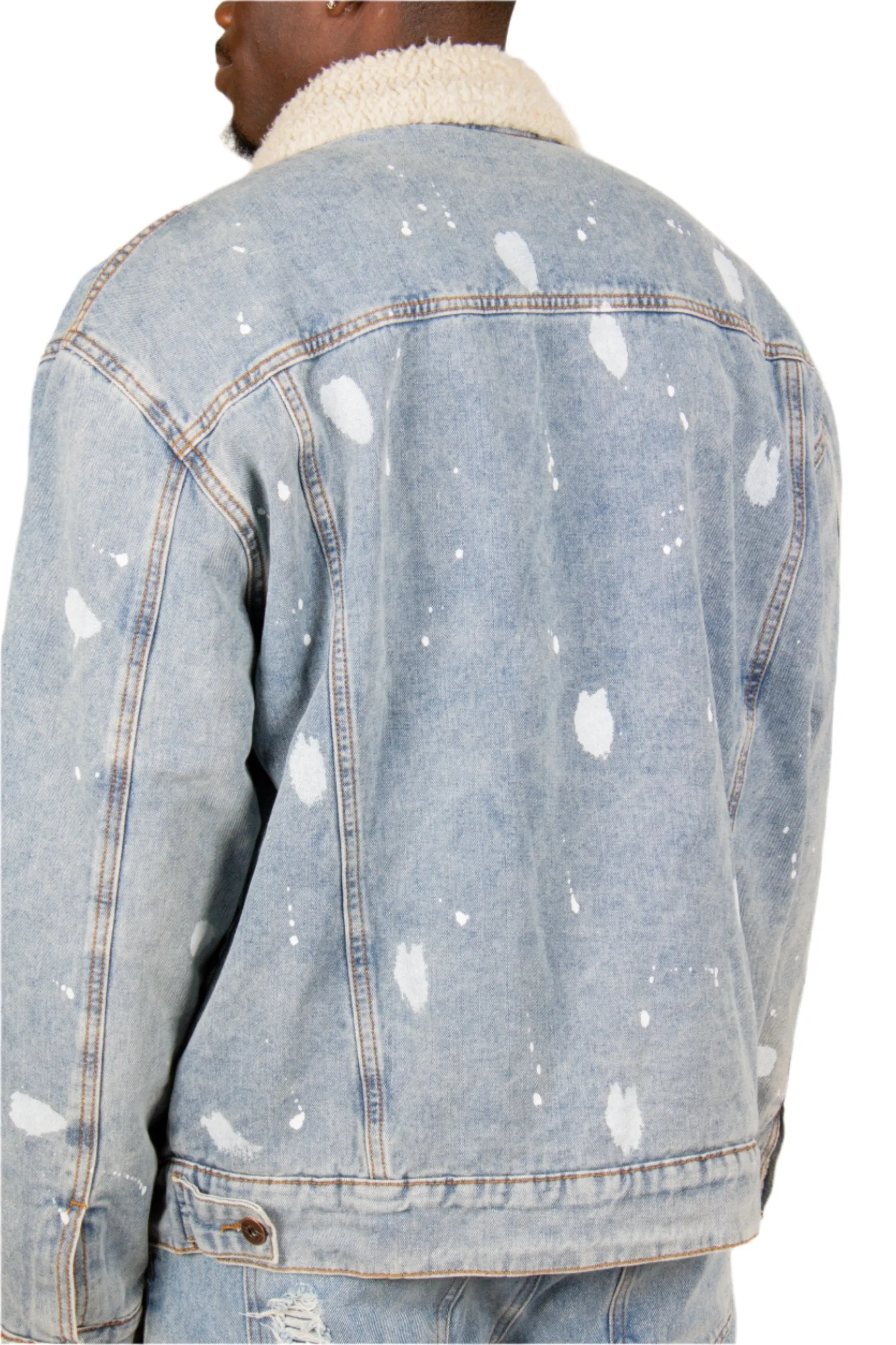 Oversized Borg Denim Jacket with Paint Splatter