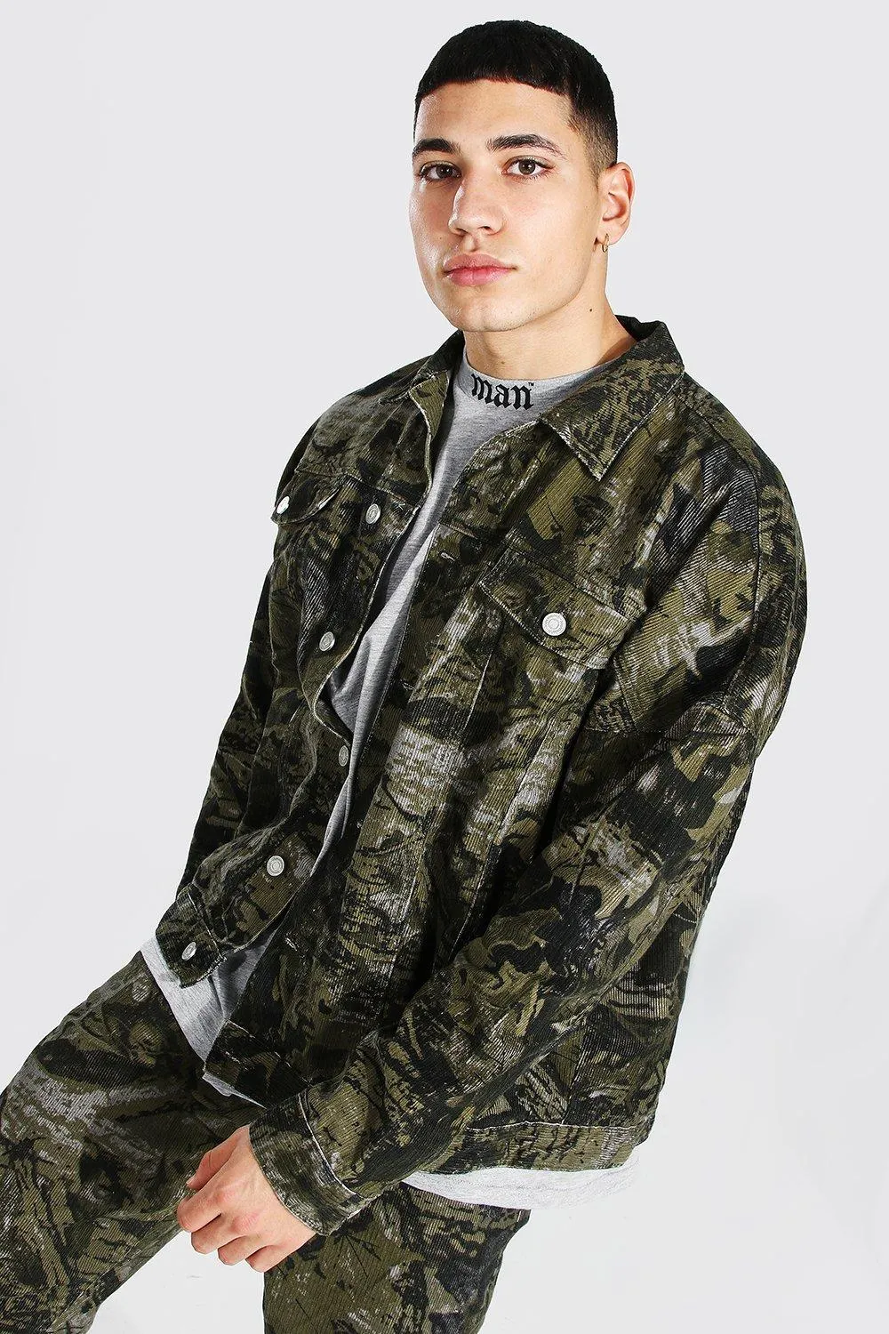 Oversized Camo Print Cord Jacket