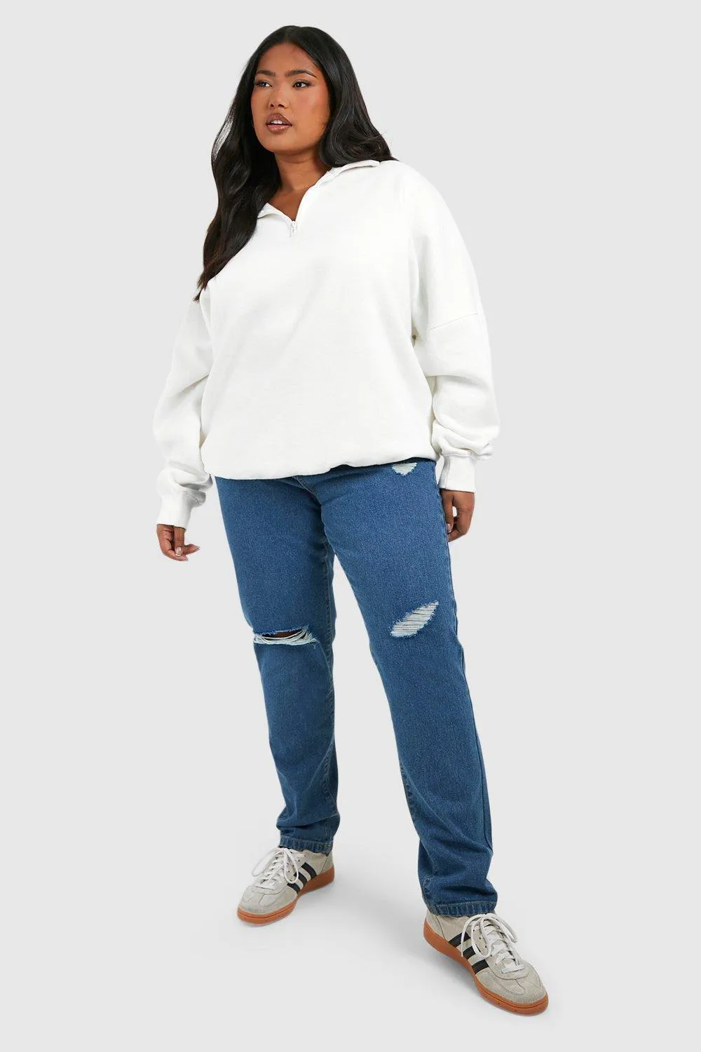 Plus Basics High Waisted Ripped Mom Jeans