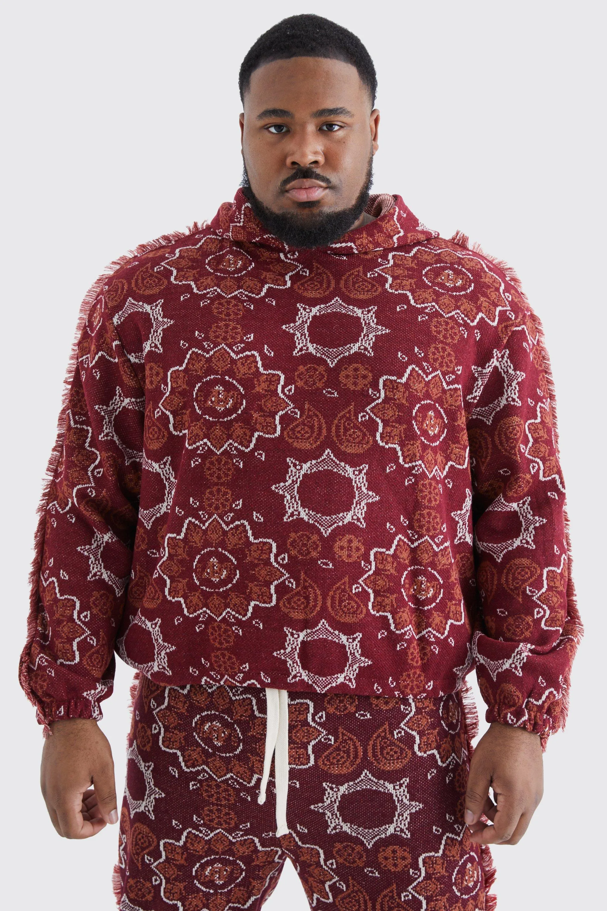 Plus Oversized Fringed Heavyweight Jacquard Tapestry Hoodie | boohooMAN UK