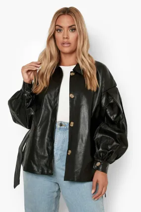 Plus Puff Sleeve Faux Leather Jacket