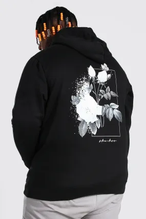 Plus Size Monochrome Rose Back Print Hoodie