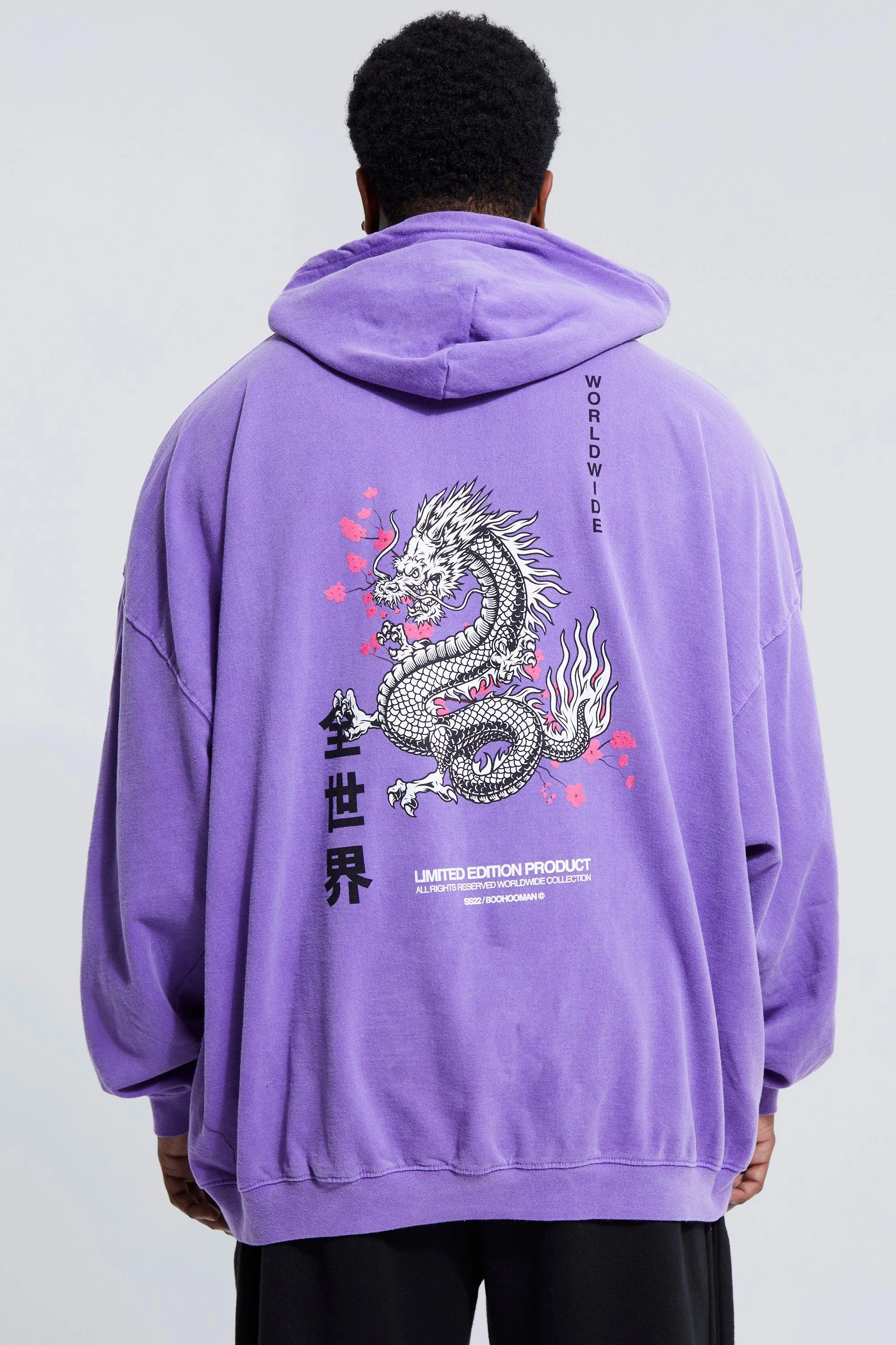 Plus Washed Dragon Back Print Hoodie | boohooMAN UK