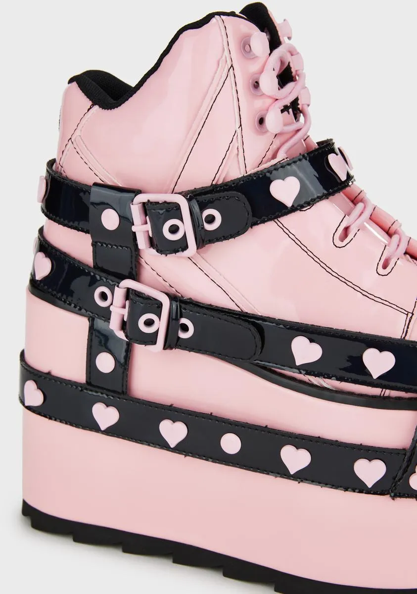 Qozmo Bondage Platform Sneakers - Pink/Black Hearts-