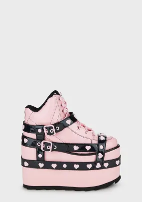 Qozmo Bondage Platform Sneakers - Pink/Black Hearts-