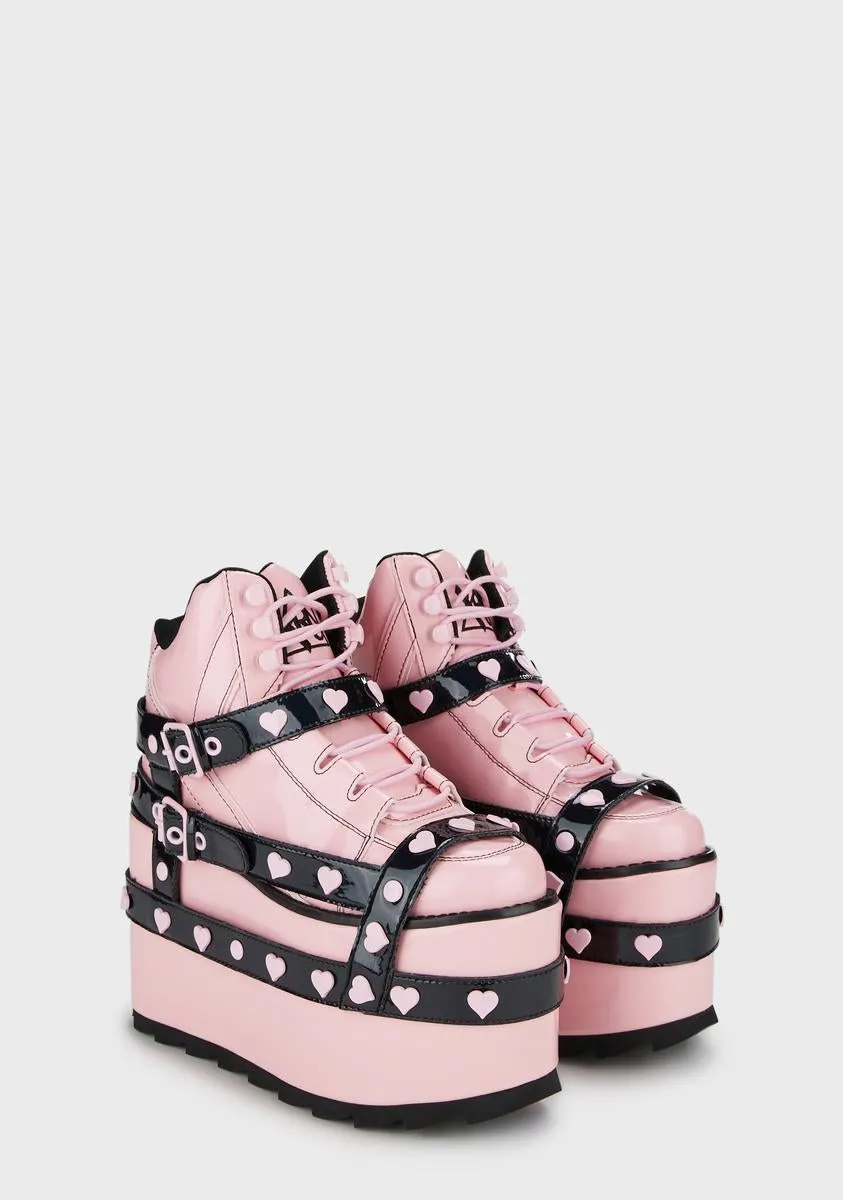 Qozmo Bondage Platform Sneakers - Pink/Black Hearts-