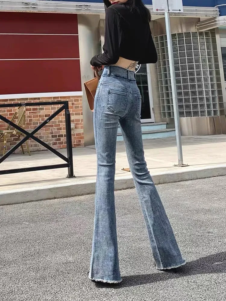 Raw edge slightly booted jeans for women, autumn 2023 new high-waisted, slimming, tight-fitting, irregular flared floor-length t