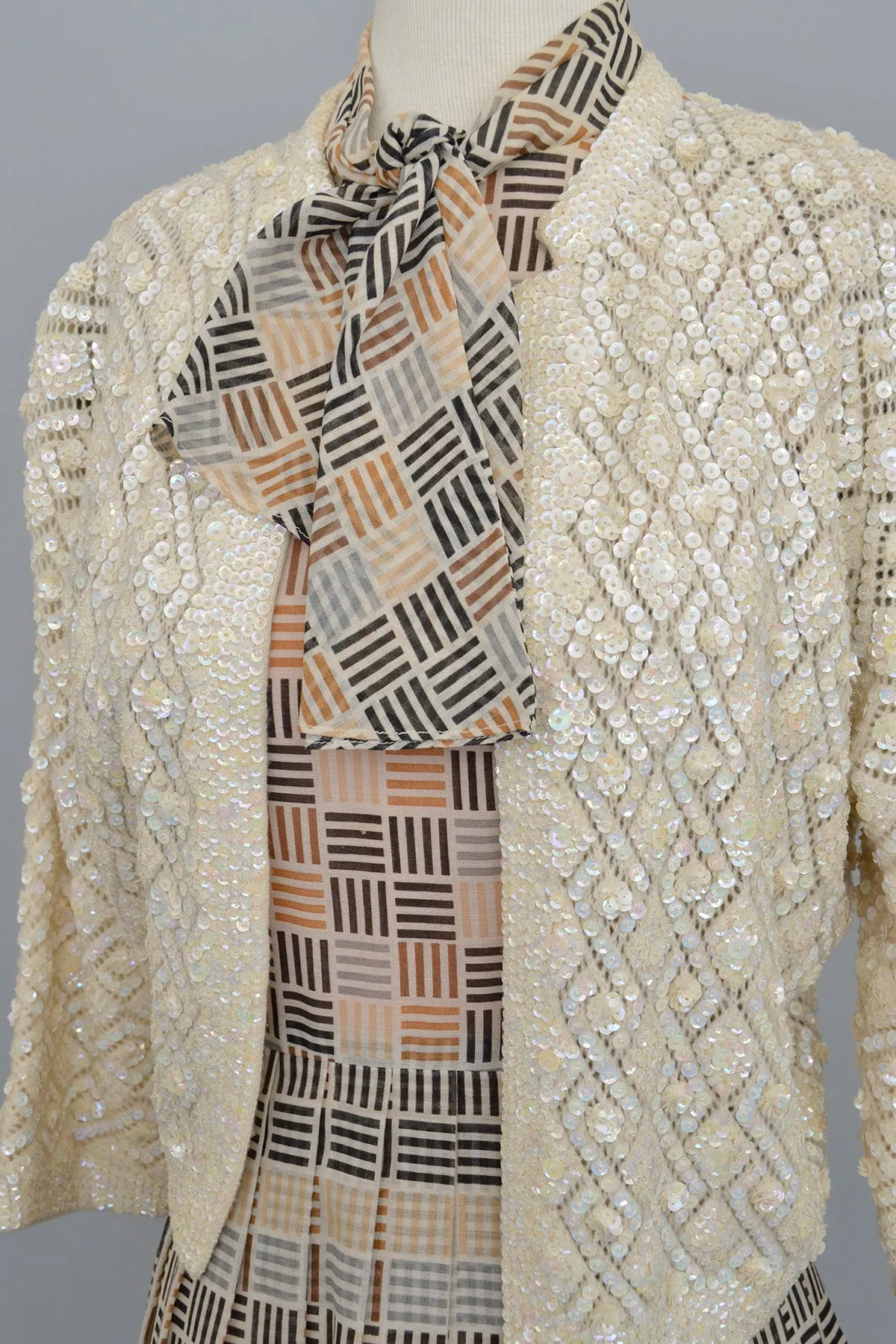 Retro 1950s Cream Geometric Knit Wool Sparkly Sequin Sweater