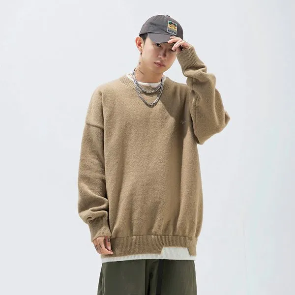 Retro Two-Tone Round Neck Sweater For Men