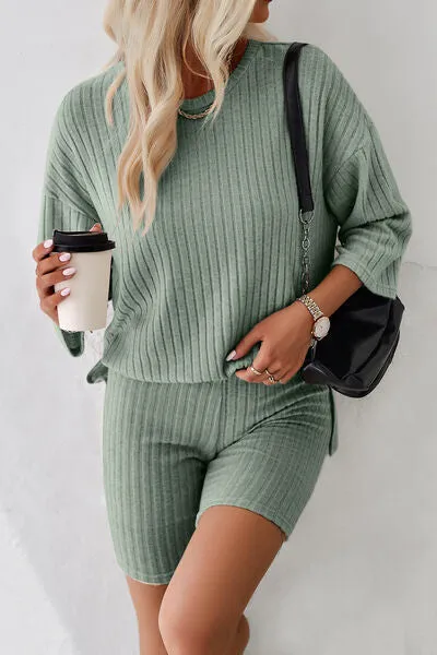 Ribbed Round Neck Top and Shorts Set