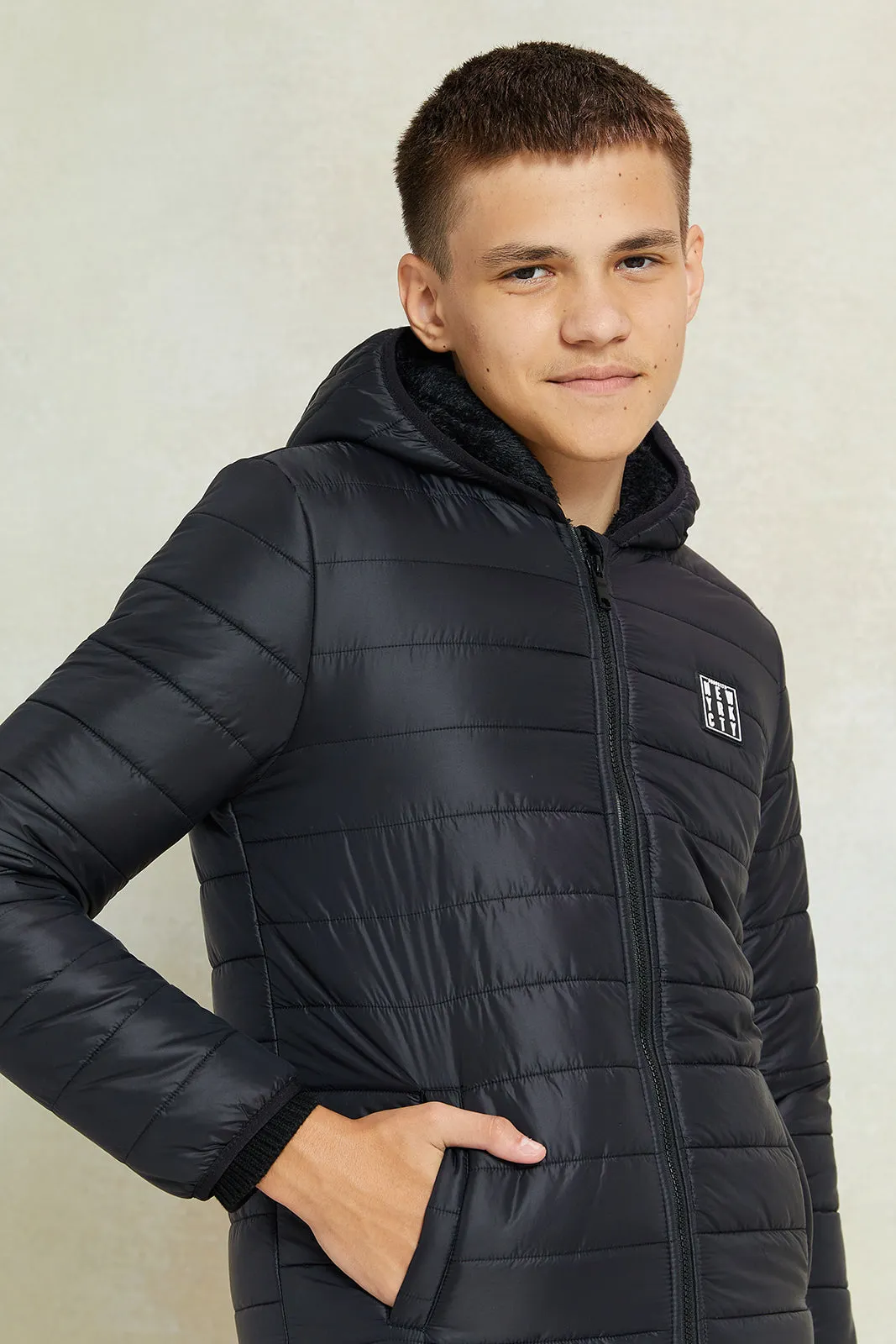 Senior Boys Black Puffer Jacket With Sherpa Lining