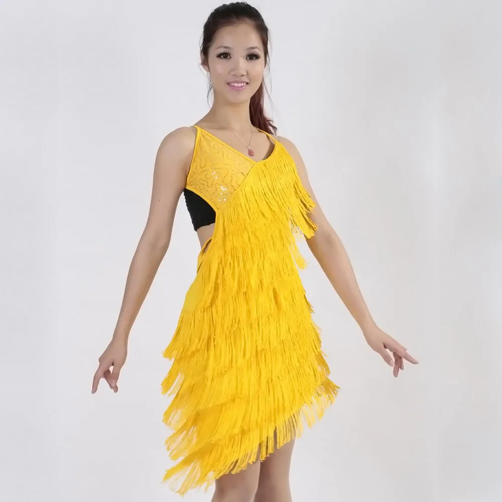 Sequins Latin Tassel Dance Wear Performance V Neck Cross Back Bandage Competition Fancy Dress