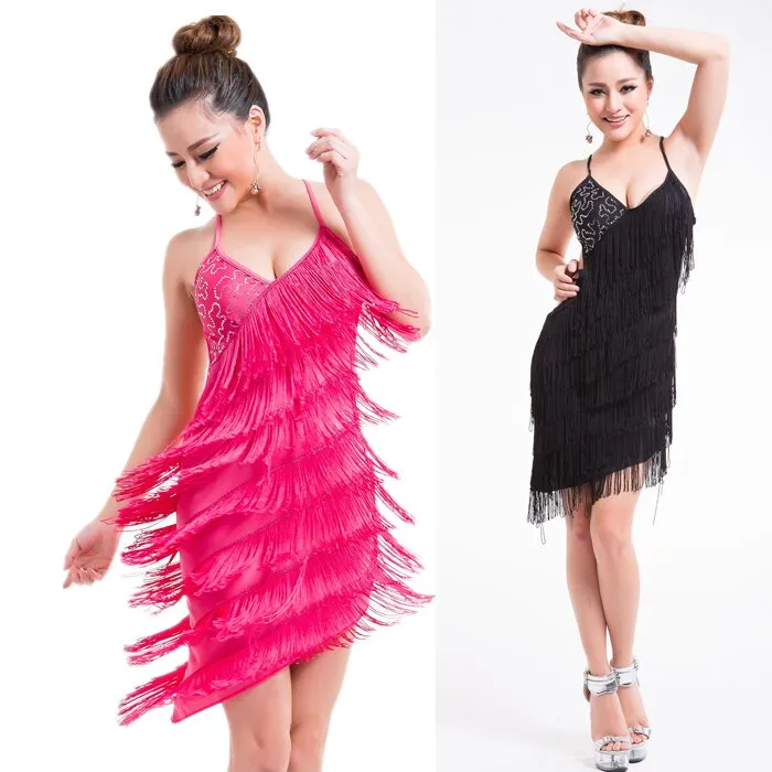 Sequins Latin Tassel Dance Wear Performance V Neck Cross Back Bandage Competition Fancy Dress