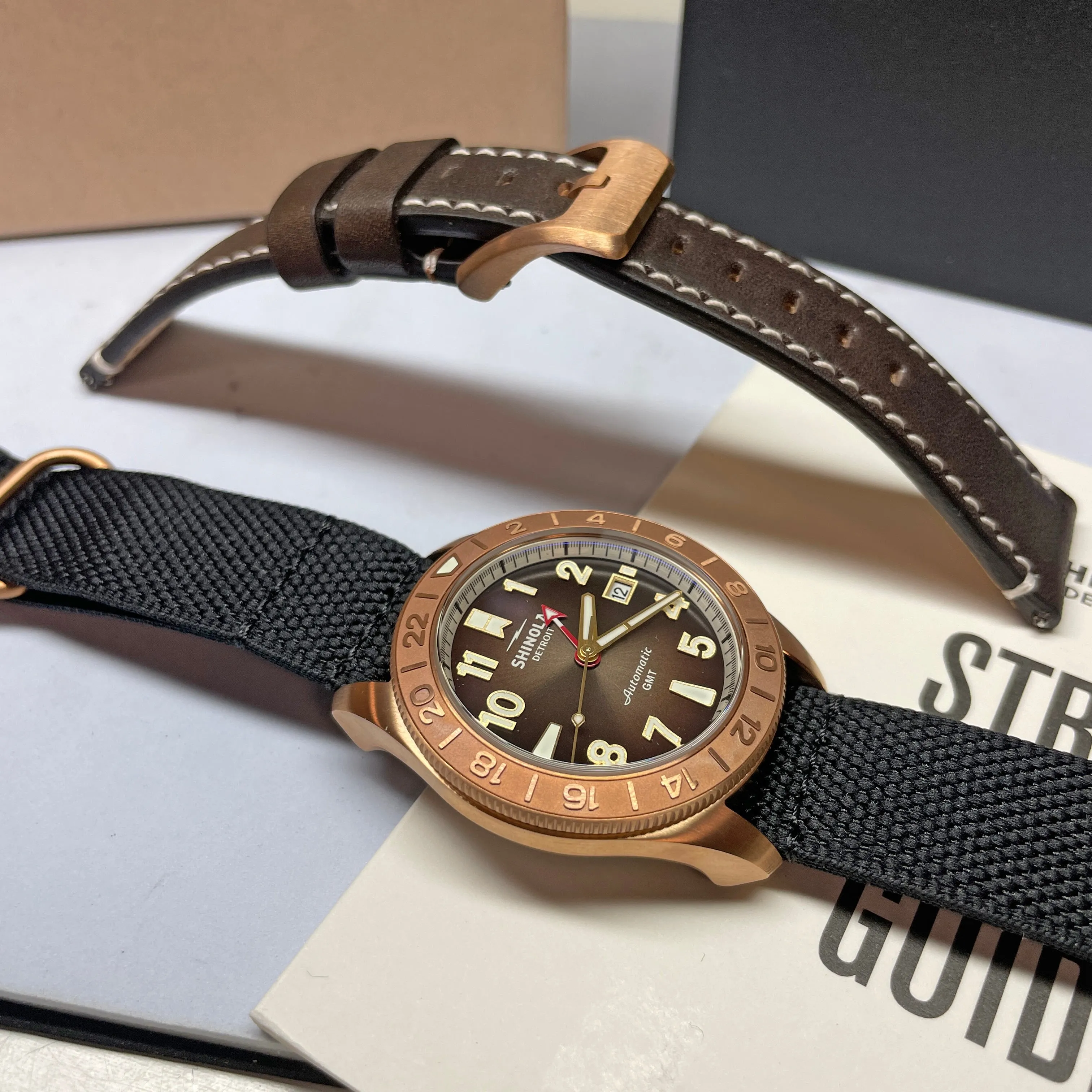 Shinola 40MM Bronze Monster GMT Set Automatic Brown Dial Extra NATO Strap Watch S0120273328