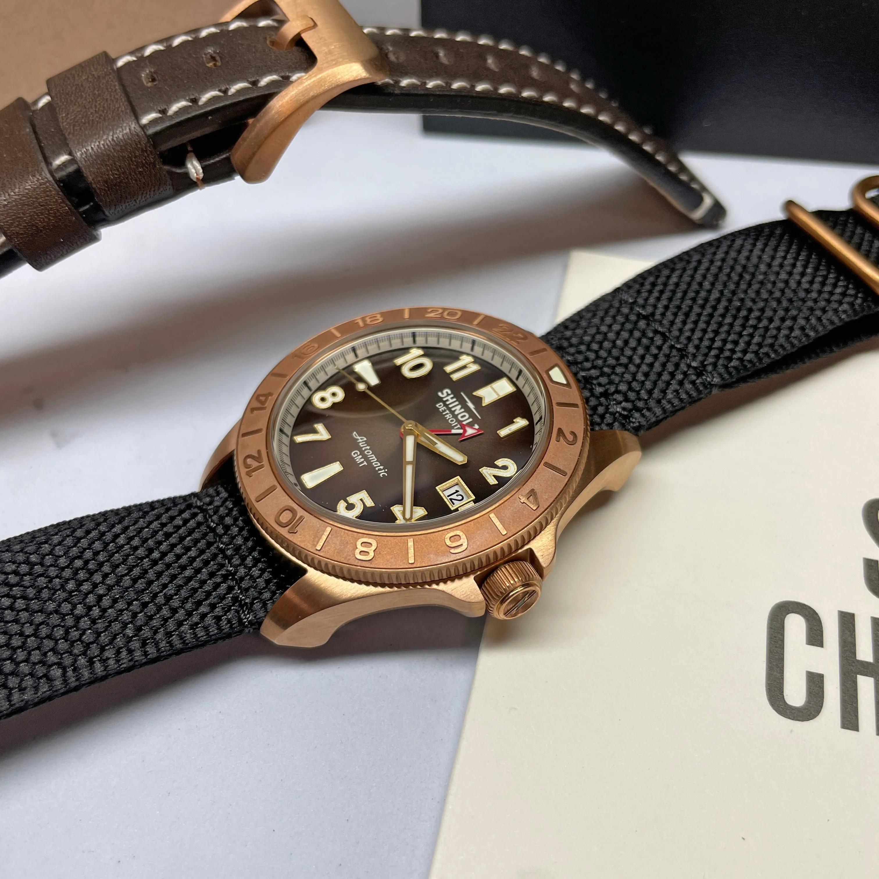 Shinola 40MM Bronze Monster GMT Set Automatic Brown Dial Extra NATO Strap Watch S0120273328