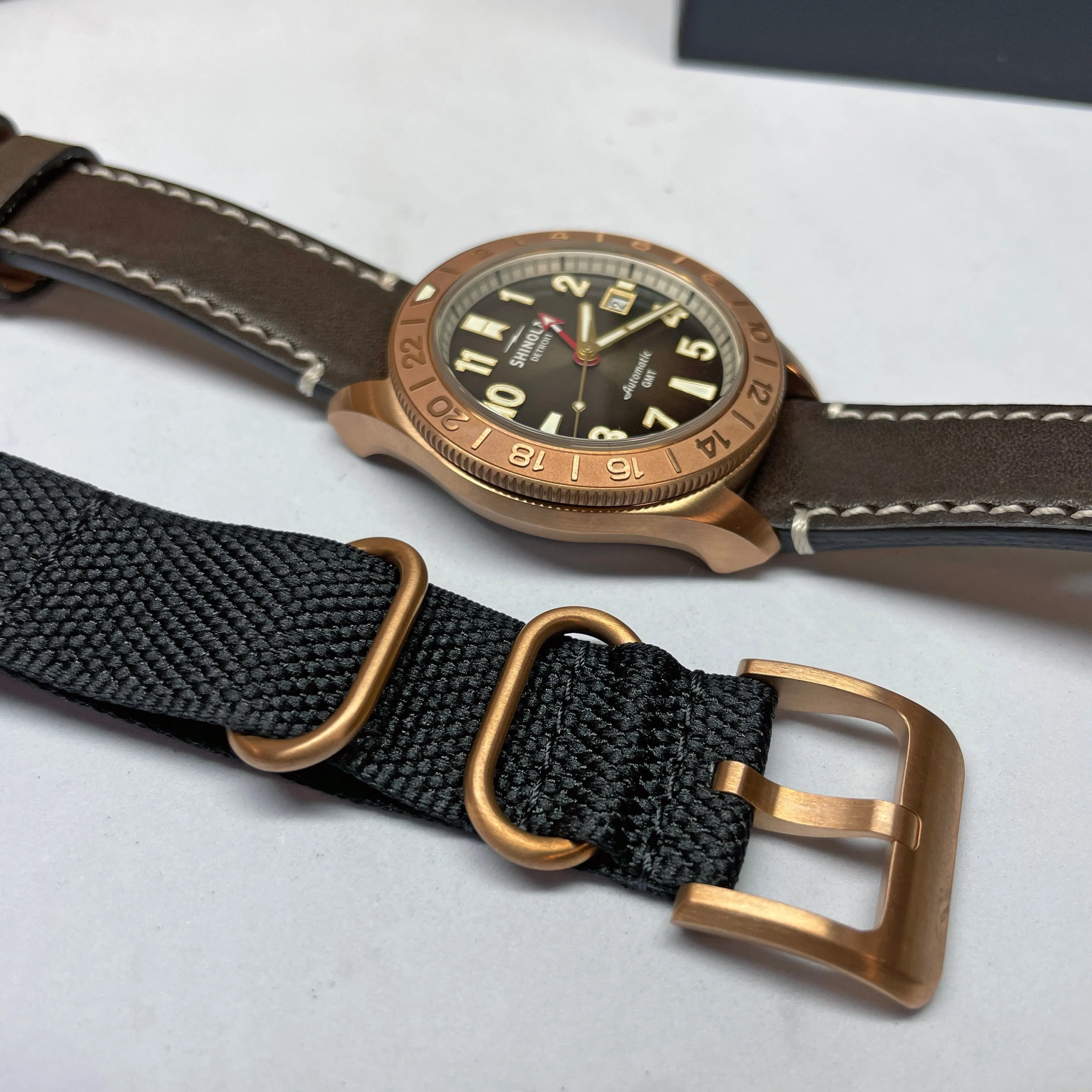 Shinola 40MM Bronze Monster GMT Set Automatic Brown Dial Extra NATO Strap Watch S0120273328