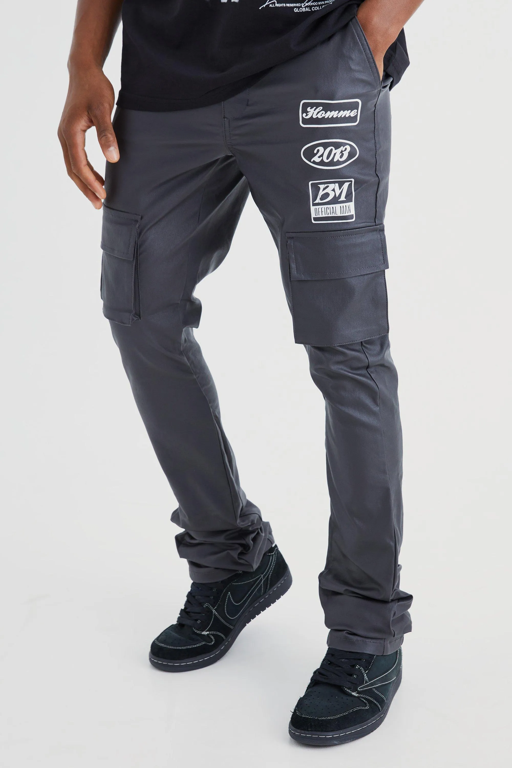 Skinny Stacked Flare Coated Cargo Trouser | boohooMAN UK