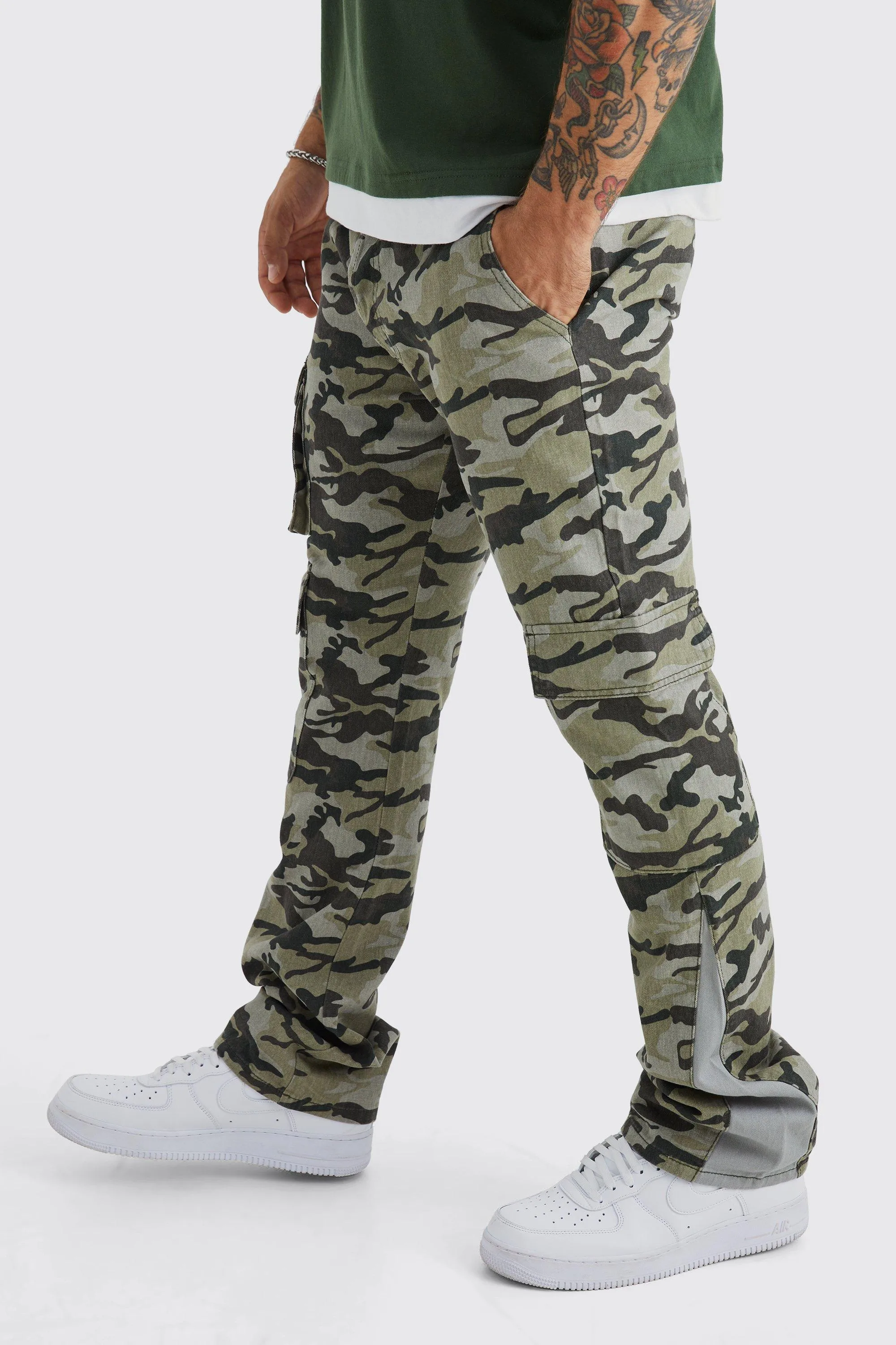 Slim Flare Gusset Multi Cargo Camo Trouser | boohooMAN UK