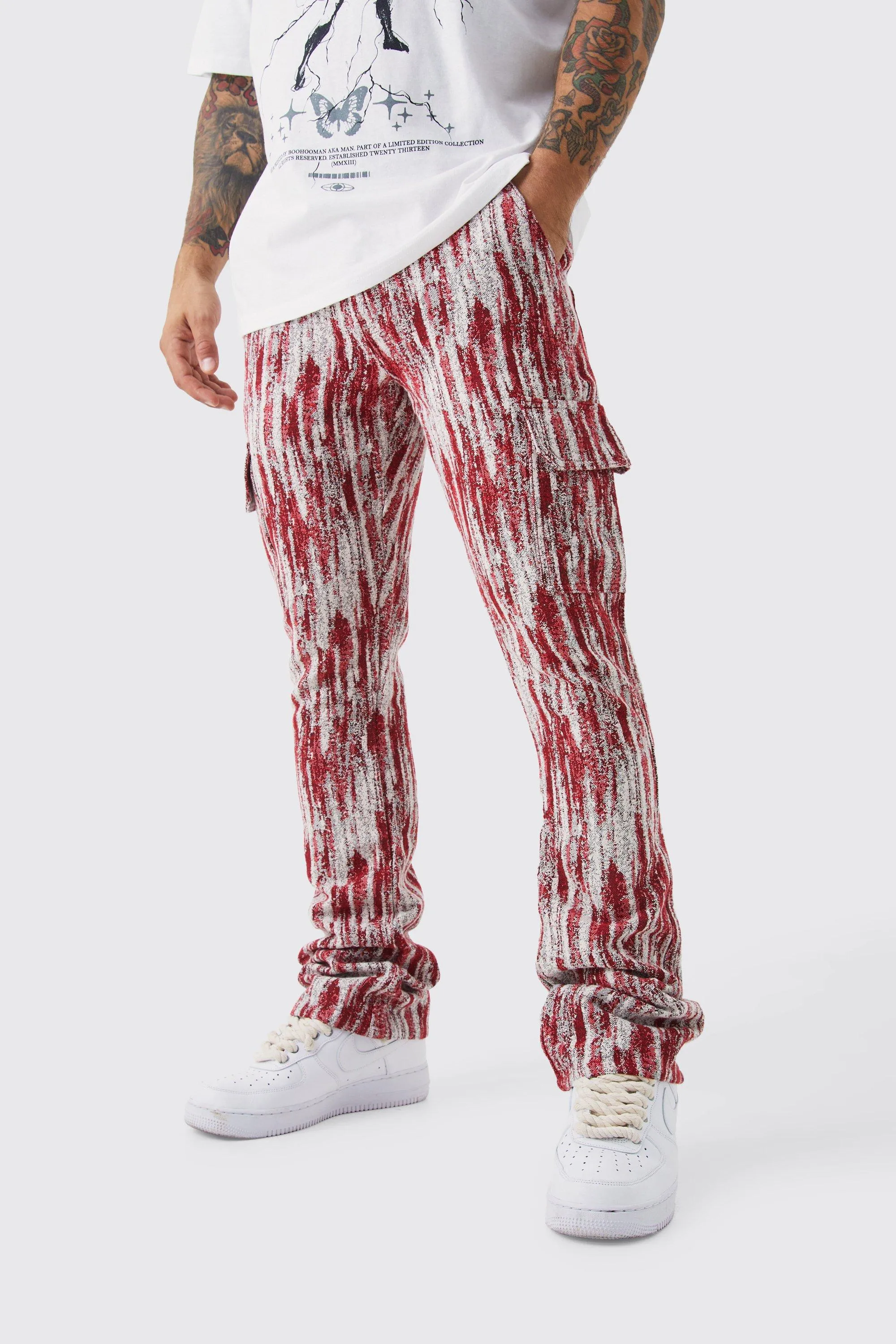 Slim Flare Tapestry Cargo Trouser | boohooMAN UK