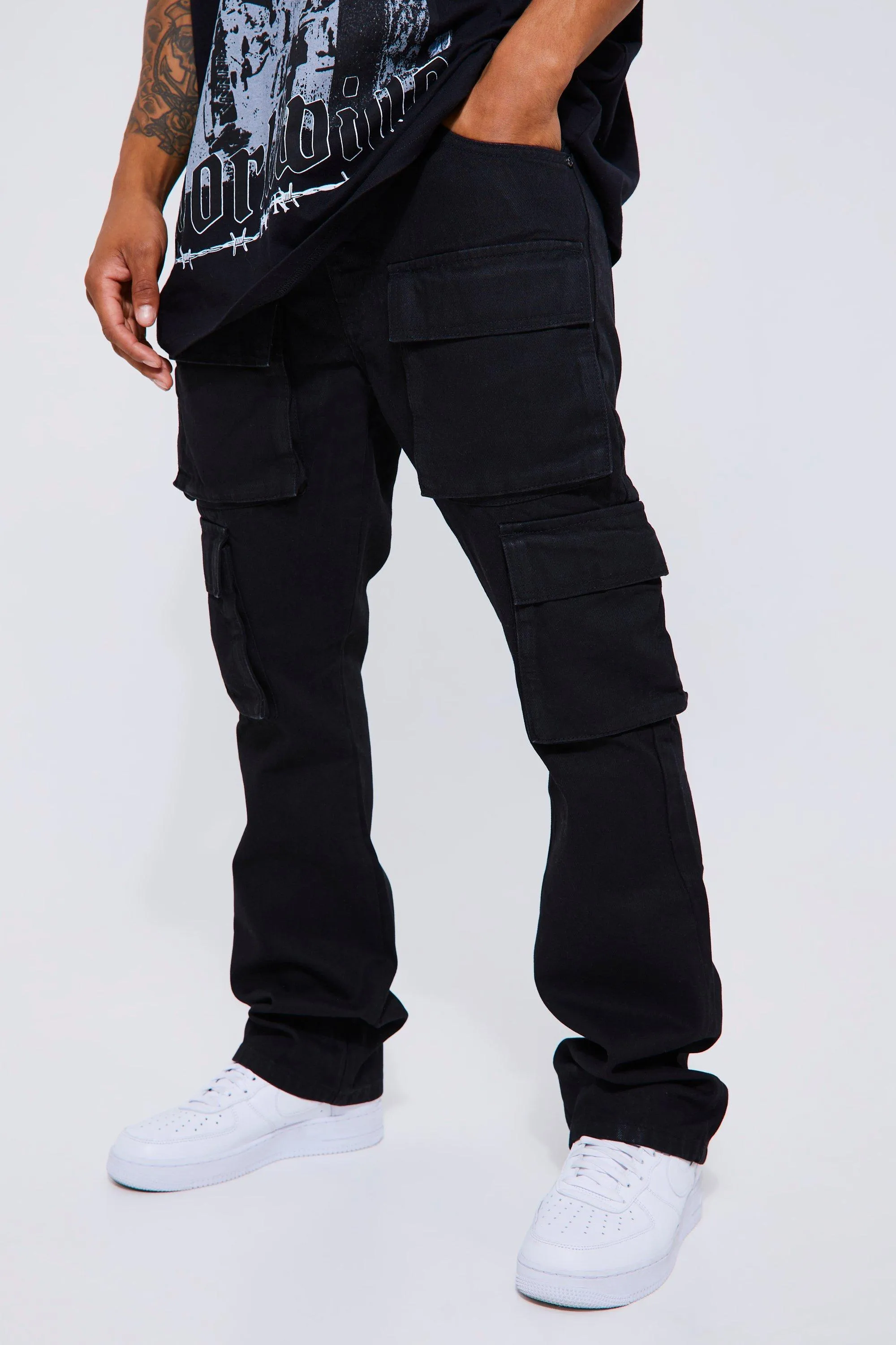 Slim Gusset Flare Coated Cargo Jean | boohooMAN UK