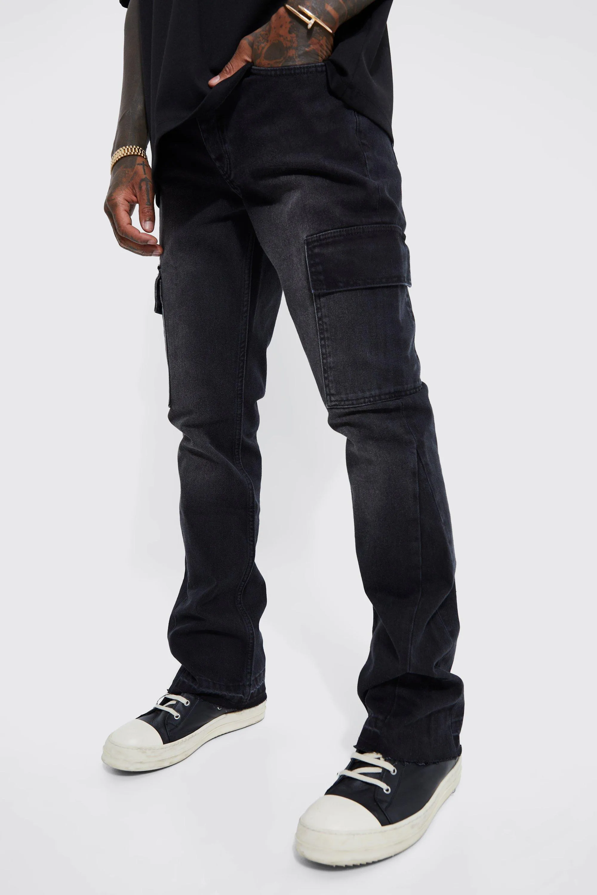 Slim Rigid Flare Cargo Jeans | boohooMAN UK