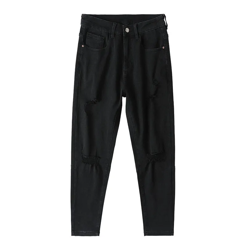 Summer Black Punk Style Ankle-Length Casual Jeans Pants for Men