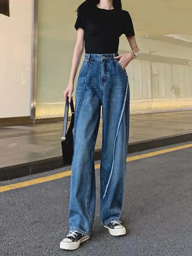 Super high-waisted wide-leg jeans for women straight-leg loose 2023 autumn new dad pants European style splicing boyfriend trend