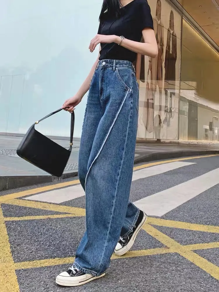 Super high-waisted wide-leg jeans for women straight-leg loose 2023 autumn new dad pants European style splicing boyfriend trend