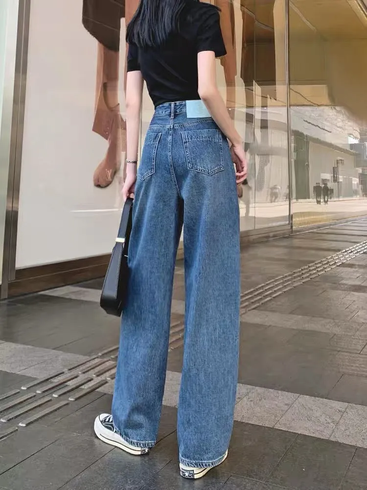 Super high-waisted wide-leg jeans for women straight-leg loose 2023 autumn new dad pants European style splicing boyfriend trend