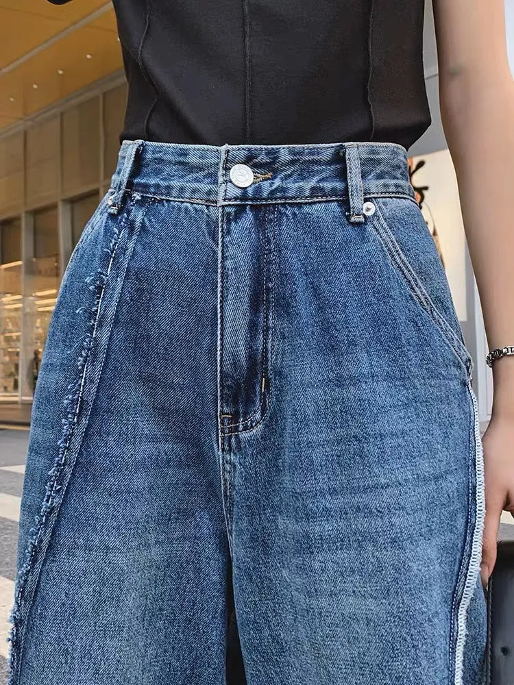 Super high-waisted wide-leg jeans for women straight-leg loose 2023 autumn new dad pants European style splicing boyfriend trend