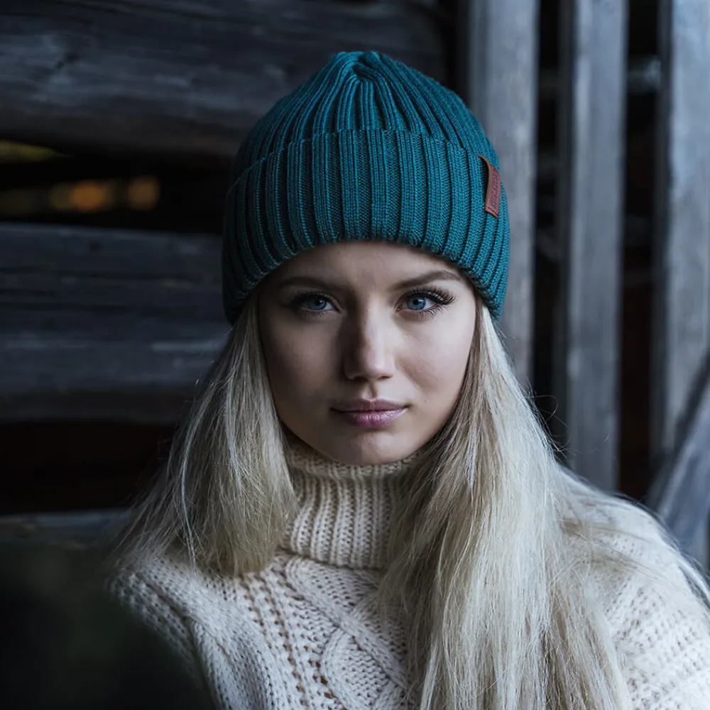 Superyellow Beam Dark Blue Merino Wool Beanie (Unisex)