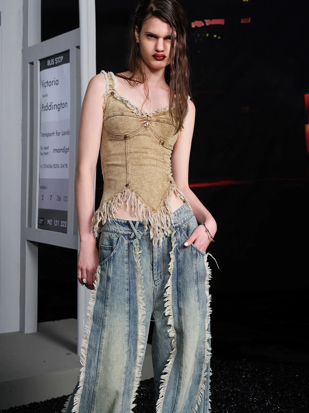 Switching Design Fringed Wide-leg Jeans